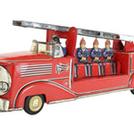 Red toy fire truck with ladder and figurines on a white background