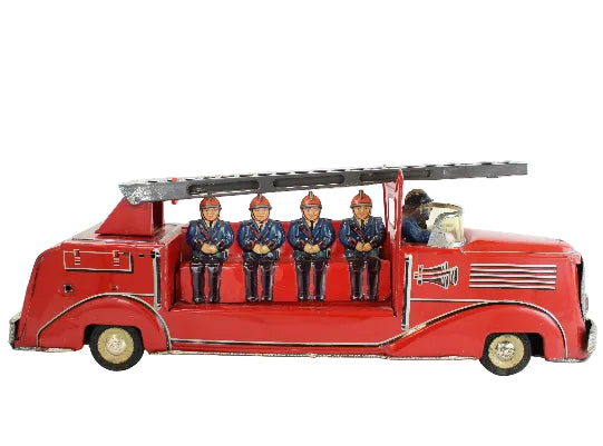 Red toy fire truck with figures on a white background