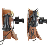Two vintage-style telephones with wooden bases and black mechanical parts on a white background.