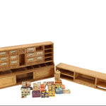 Wooden toy furniture set on a white background