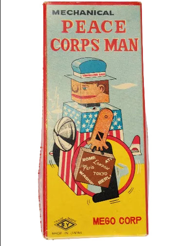 Vintage toy box for 'Mechanical Peace Corps Man' by Mego Corp on a white background