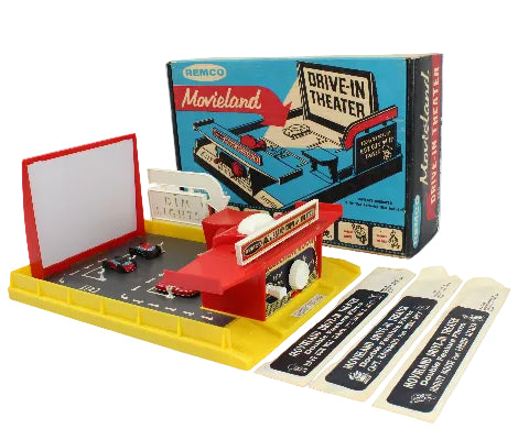Vintage Remco Movieland drive-in theater toy set with packaging on a white background