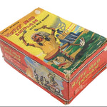 Vintage toy box with colorful graphics on a white background