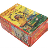Vintage toy box with colorful graphics on a white background