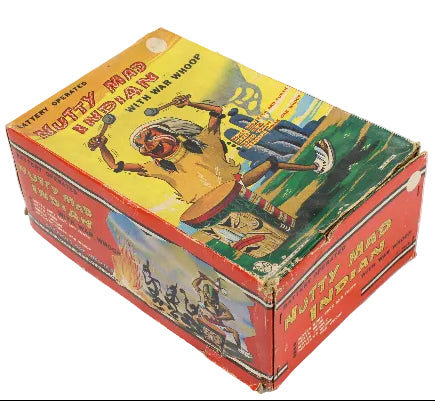 Vintage toy box with colorful graphics on a white background