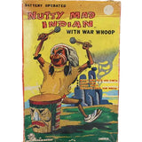 Vintage toy box with colorful illustration of an Native American figure on a yellow background