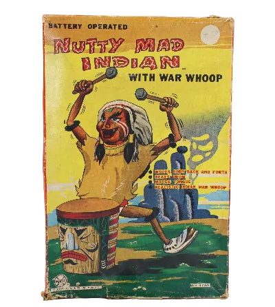 Vintage toy box with colorful illustration of an Native American figure on a yellow background