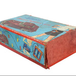 Vintage toy box with colorful graphics on a white background