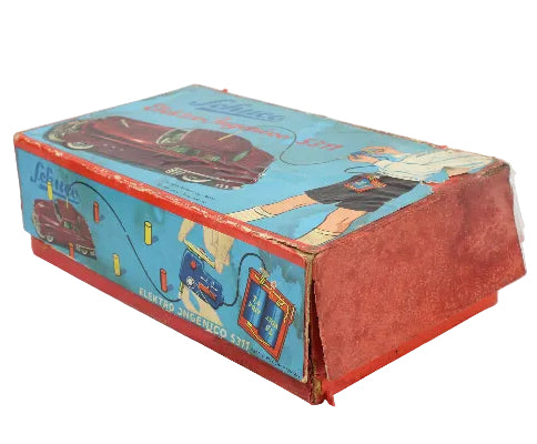 Vintage toy box with colorful graphics on a white background