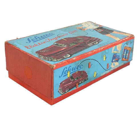 Vintage toy car box with colorful graphics on a white background