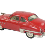Red vintage toy car on a white background