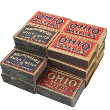 Stack of Ohio Matches boxes on a white background