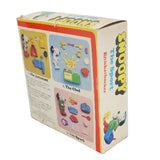 Vintage toy box with colorful illustrations on a white background