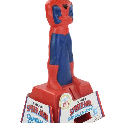 Spider-Man gumball machine toy with packaging on a white background