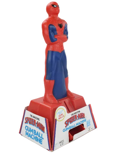 Spider-Man gumball machine toy with packaging on a white background
