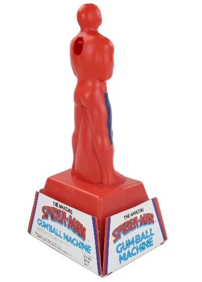 Red spider-like machine with Spider-Man Gum Ball Machine packaging on a white background