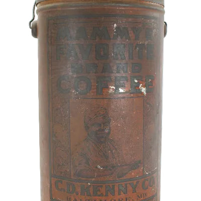 Vintage brown coffee canister with text and graphics on a white background