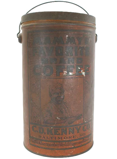 Vintage brown coffee canister with text and graphics on a white background