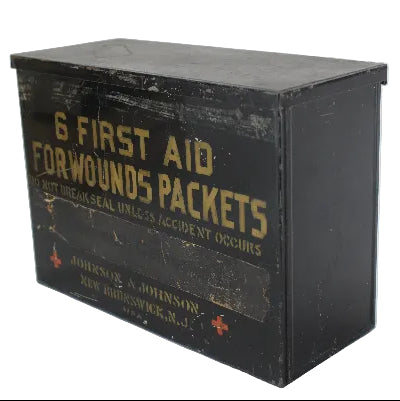 Vintage black metal first aid box with text on a white background