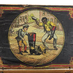 Vintage illustration on a box showing two figures in an urban setting with a prominent red border.
