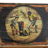 Vintage illustration on a box showing two figures in an urban setting with a prominent red border.