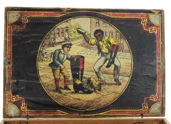 Vintage illustration on a box showing two figures in an urban setting with a prominent red border.