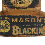 Vintage wooden box labeled 'Mason's Challenge Blacking' on a white background