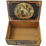 Open vintage wooden box with decorative lid featuring illustrations on a white background