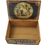 Open vintage wooden box with decorative lid featuring illustrations on a white background