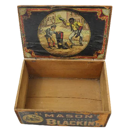 Open vintage wooden box with decorative lid featuring illustrations on a white background