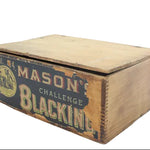 Vintage wooden box labeled 'Mason Challenge Blacking' on a white background