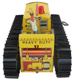 Toy construction vehicle with yellow body and black tracks on a white background