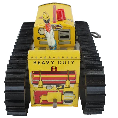 Toy construction vehicle with yellow body and black tracks on a white background