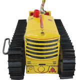 Yellow toy bulldozer with black tracks on a white background