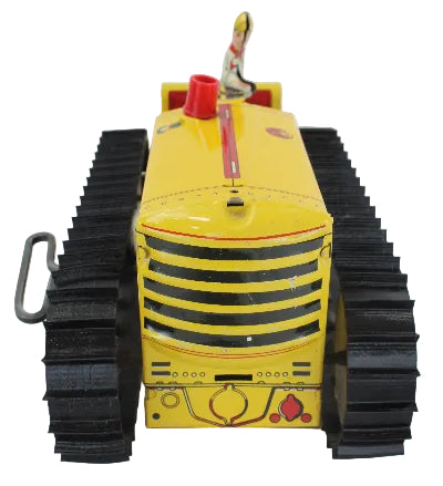 Yellow toy bulldozer with black tracks on a white background