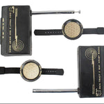 Two vintage-style walkie-talkie radios with wrist straps on a white background