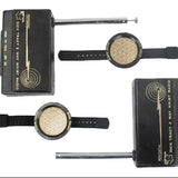 Two vintage-style walkie-talkie radios with wrist straps on a white background