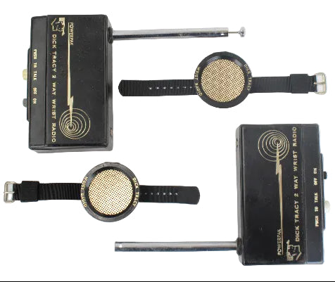 Two vintage-style walkie-talkie radios with wrist straps on a white background