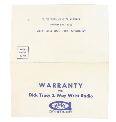 Warranty card for Dick Tracy 2 Way Wrist Radio on a light blue background