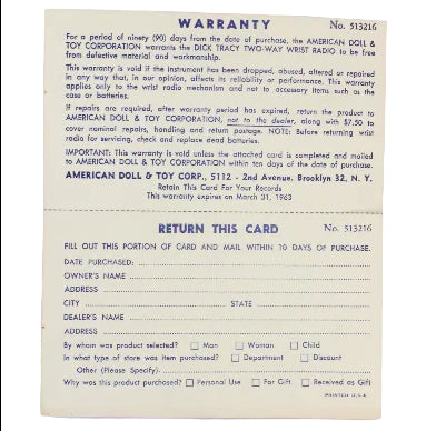 Vintage warranty card with text on a white background