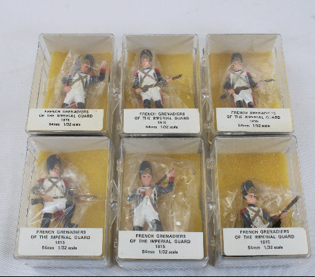 Set of six boxed toy figures of French Grenadiers from the Imperial Guard on a white background.