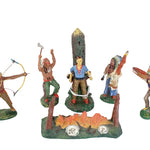 A set of five hand-painted vintage toy figurines depicting Native American and European-style characters, arranged on a plain white background.