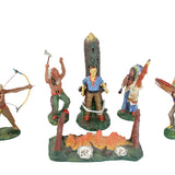 A set of five hand-painted vintage toy figurines depicting Native American and European-style characters, arranged on a plain white background.