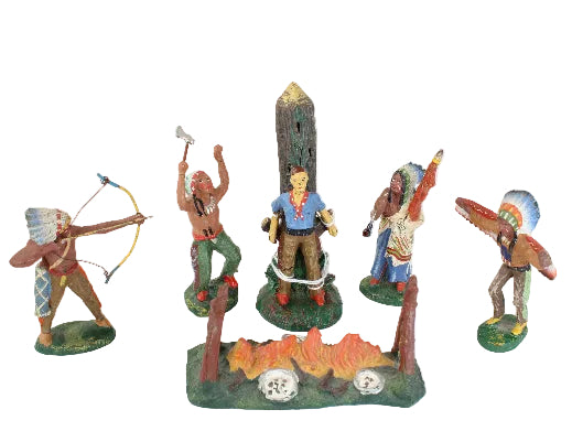 A set of five hand-painted vintage toy figurines depicting Native American and European-style characters, arranged on a plain white background.