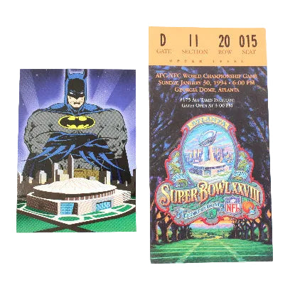 A collectible item featuring a 1994 Super Bowl III ticket stub next to a Batman comic art print of Batman standing on the stadium, displayed on a white background.