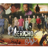 A signed Jericho Season 1 trading card set featuring multiple character photos, the title 'JERICHO', and several autographs across the front, photographed on a white background.