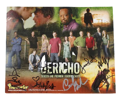 A signed Jericho Season 1 trading card set featuring multiple character photos, the title 'JERICHO', and several autographs across the front, photographed on a white background.