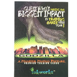 A single Godzilla trading card from the Godzilla Minus One movie, featuring a large dinosaur-like creature on a black background with green and yellow gradient accents and stylized text.