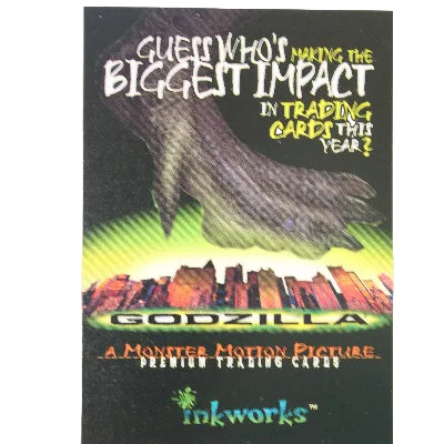 A single Godzilla trading card from the Godzilla Minus One movie, featuring a large dinosaur-like creature on a black background with green and yellow gradient accents and stylized text.