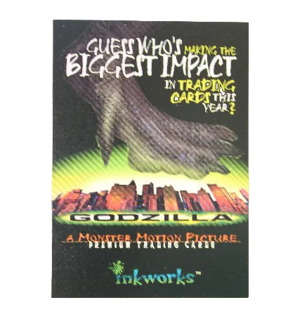 A single Godzilla trading card from the Godzilla Minus One movie, featuring a large dinosaur-like creature on a black background with green and yellow gradient accents and stylized text.